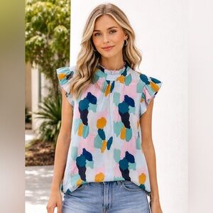 Multicolor Abstract Ruffle Sleeve Top size Large